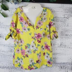 Charter Club Yellow Floral Linen Tie-Sleeve Blouse - M